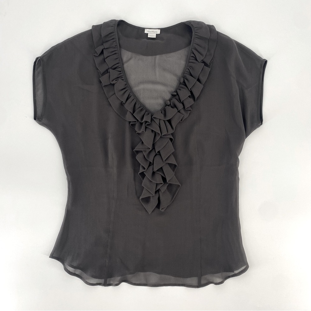 MaxMara Gray Silk Short Sleeve Ruffled Blouse